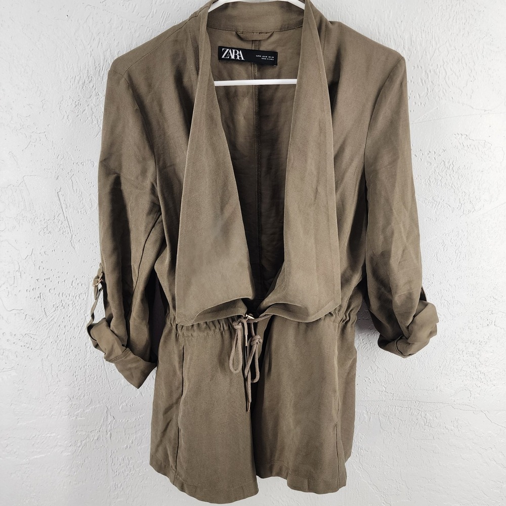 Zara Olive Green Drape Front Drawstring Waist Utility Jacket Safari Womens M